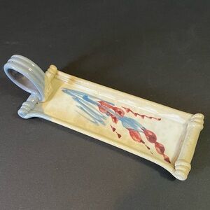 Art Pottery Butter Stick Dish Tray Handled Glazed Rolled Loop Incense Pottery